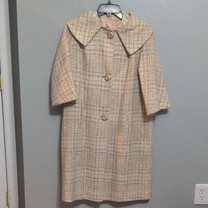 Vintage Pea Coat Neutral Plaid Cream Mid-Length